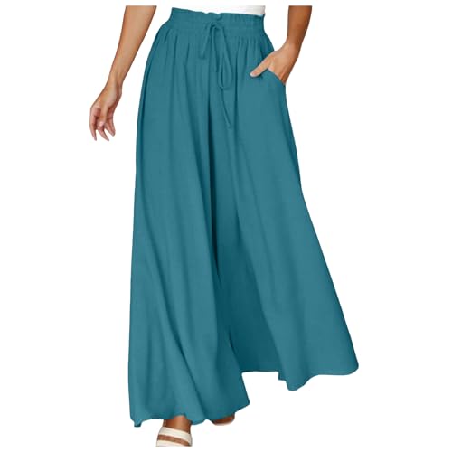 VEYIUNF Hosenrock Damen Lang Damen Hose Weitem Bein Musselin Hosenrock Leichte Palazzo Freizeithose Hohe Taille Sommerhose Elastisch Einfarbig Stoffhose Loungehose Für Strand Und Alltag