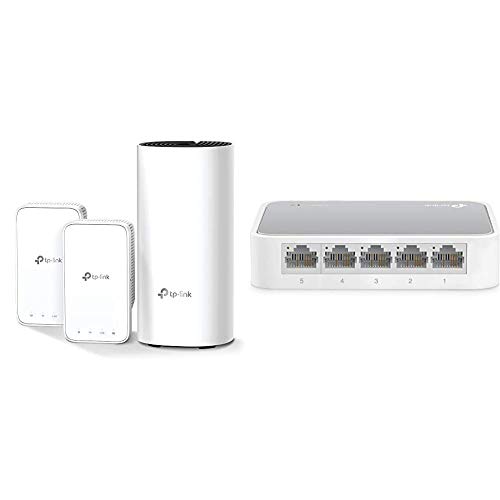 TP-Link Deco Whole Home Mesh WiFi System  Seamless Roaming, Adaptive Routing, Up to 4,500 Sq. ft (Deco M3 3-Pack) & 5 Port Fast Ethernet Switch | Desktop Ethernet Splitter (TL-SF1005D)