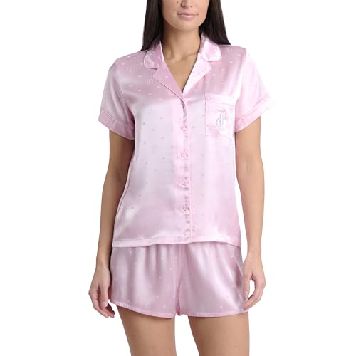 Image of Juicy Couture Women's 2 Piece Satin Notch Collar Button Down Shirt and Pajama Shorts Lounge and Sleepwear Set