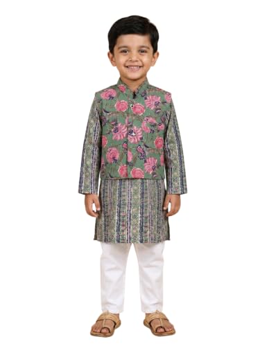 Image of The Mom Store Boys Printed Cotton Kurta Pajama Set With Jacket | Soft And Comfortable Ethnic Wear For Baby /Kids Boys | Full Sleeves Kurta Pyjama Set | Traditional Indian Outfit