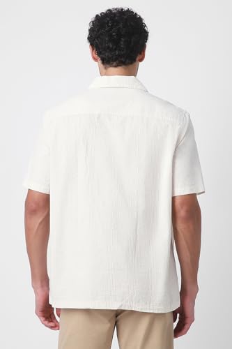 Image of Peter England Men's Casual Half Sleeve Resort Collar Shirt in 100% Cotton Seersucker with Striped Design