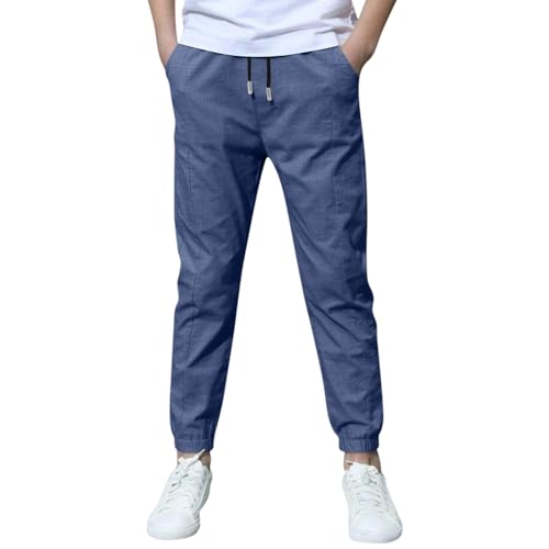 Boys Linen Pants Joggers Drawstring Trousers Lightweight Athletic Chino Pants Pull-on Casual Pant School Uniform