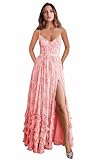 Winaiwi Women's V Neck Chiffon Bridesmaid Dresses with Slit Ruffle Floral A Line Wedding Party Evening Gown Floral Coral Size 6