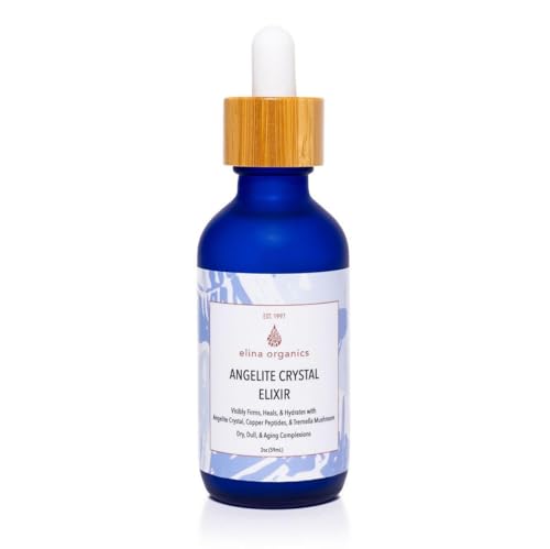 Elina Organics Angelite Crystal Elixir, 2oz – Hydrating Facial Elixir with Snow Mushroom, Copper Peptides, Orange Blossom Water & Minerals – Crystal-Infused Serum to Revive, Smooth & Balance Skin