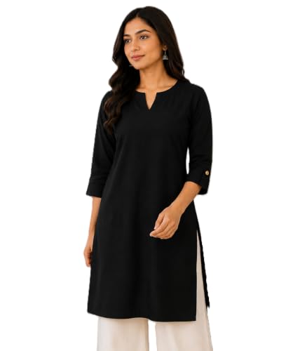 Image of Women's Rayon Solid Straight Kurti | 3 /4 Sleeve | Round Neck with V Cut | Regular Fit | Casual Office Wear Kurta for Women