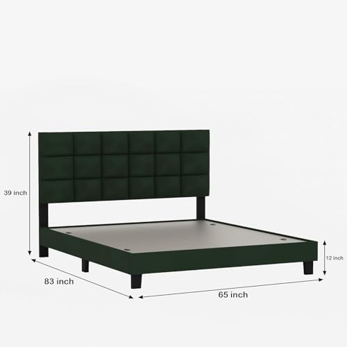 Image of Wooden Modern Upholstered Queen Size Bed for Bedroom | Wooden Double Bed Without Storage | Platform Cot Upholstered Bed with Upholstery Fabric | Engineered Wood | 6.5 x 5 Ft | Green-A