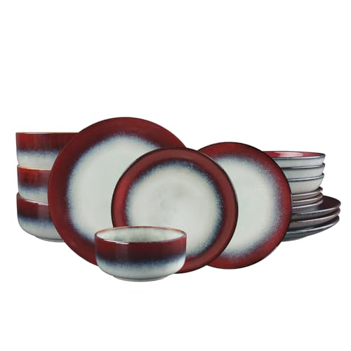 Image of Ceramic dinnerware set, 16 pieces, serving size 4, modern style, includes salad plate and cereal bowl, microwave and dishwasher safe. Ink Red