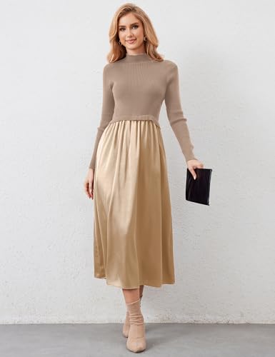 Women Long Sleeve Sweater Maxi Dress Patchwork Slim Fit Flowy Long Dresses Casual A-Line Knit High Neck Dress Fall3