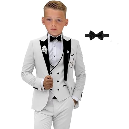 SAROULU Formal Suit for Boys, 3 Pieces Slim Fit Boy Suits for Weddings, Kids Boy's Tuxedo First Class Boy Outfit White