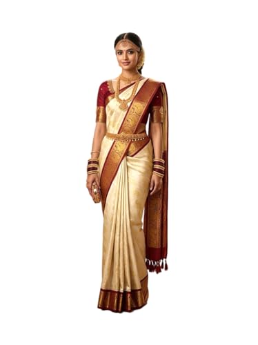 Image of VFCollections Women's Kanchipuram Silk Bridal Pure Pattu Cream White Sarees With Blouse