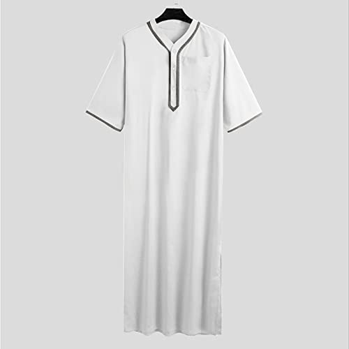 Mens Kaftan Robe Short Sleeve V Neck Muslim Dress Solid Loose Fit Button Kaftan Muslim Long Gown with Pocket Thobe4