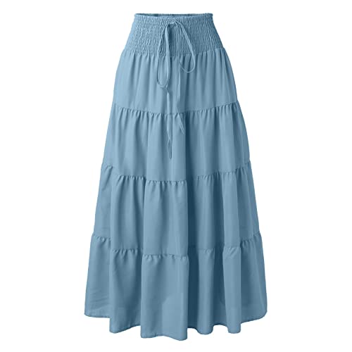 Saia feminina de verão com cintura alta, elástica, estilo boho, casual, com cordão, saia longa, Azul