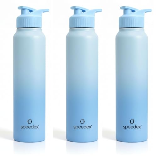 Image of Speedex Stainless Steel Metal Water Bottle 1 Ltr 1000 ml, BIS Approved, Leak Proof Sipper Cap Bottle for Office, School, Gym, Travel, Daily Use for Men, Women, Kids, Adults, Dual Blue, Set of 3