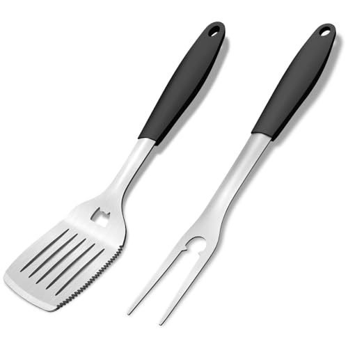 Svailse Lot de 2 ustensiles de barbecue en acier inoxydable de qualité supérieure - Spatule et fourchette avec poignée résistante à la chaleur pour barbecue - Pour l'extérieur