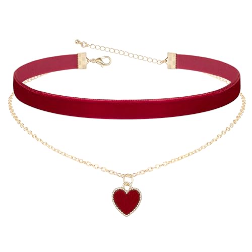 Heveer Collier de Velours Collier Double avec Pendentif en Forme de Cœur Choker Gothique Réglable Bijoux pour Femme Fille Rouge