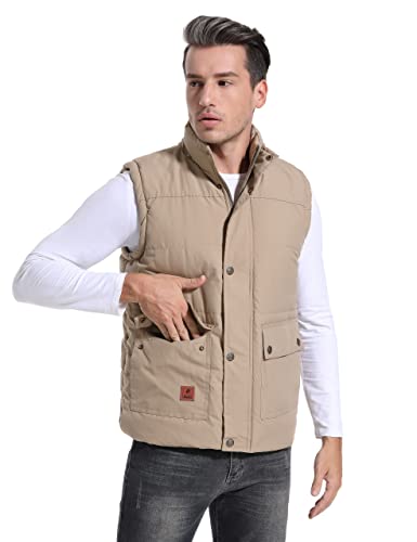 Image of Flygo Men's Winter Warm Outdoor Padded Puffer Vest Thick Fleece Lined Sleeveless Jacket, Khaki, XX-Large