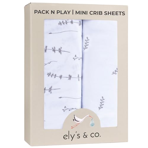 Image of Ely’s & Co. Pack and Play Sheets, for Mini/Portable Crib, 2 Pack Fitted Playpen Play Yard Sheet Set Compatible with Graco Pack n Play, for Baby Boys/Girls, 100% Cotton, Forest Grey Floral, 38”x24”x5”