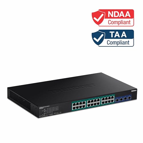 Image of TRENDnet 28-Port Gigabit Web Smart PoE+ Switch with 24 Gigabit PoE+ Ports, TPE-30284, 4 x 10G SFP+ Slots, 370W PoE Power,VLAN, QoS, LACP, IPv4 /IPv6 Static Routing, Lifetime Protection