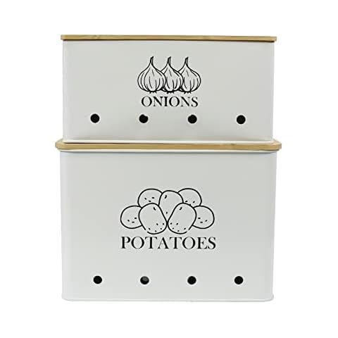 Potato Onion Kitchen Storage Canisters,Storage Bin For Kitchen 2 Pack Set,potatoe, Potato Storage Box,storage And Long Shelf Life With Aerating Tin Storage Holes-white Cover