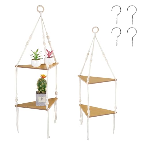 XINGYATU Makramee Regal Wandregal Holz Wand Regal Makrame Hängeregal Boho Schaukel Pflanzenständer Wohnzimmer Schlafzimmer,Makramee-Regale, Holzseilregale 2er Set mit 4 Haken