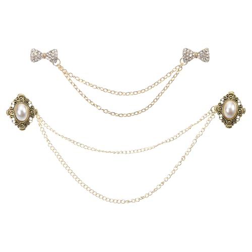 uxcell Kit de 2 clips para suéter, clips vintage para cuello de cárdigan con clips de cadena para camisa, clips de chal, clip de ropa para mujer (dorado), 14x1.2cm, Metal, No es una piedra preciosa