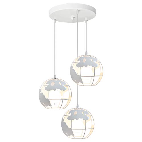 Lámpara Colgante de Globo Terráqueo Grupo de 3 vías Hierro Creativo 3 cabeza Industrial Luz de Techo Decoración para Restaurante Loft Escalera Casa（Blanco）