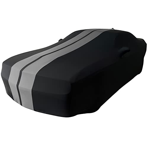 Image of SR1 Performance USA Indoor Car Cover for Dodge Challenger 2008-2023 - Ultraguard Stretch Satin Custom Fit, Dust Cover, Breathable Scratch-Resistant Sport Series Stripe (Black /Gray)