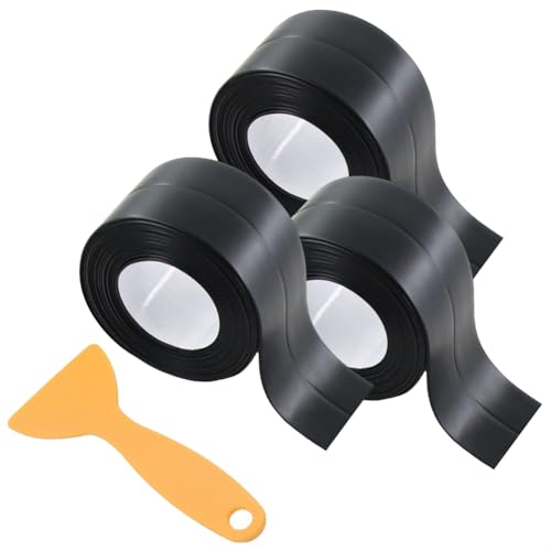 Lonrtesw 3 Rollos de Cinta de Calafateo Autoadhesiva Impermeable para Inodoro, Baño, Lavabo, Bañera y Borde de Pared y Suelo, Color Negro.
