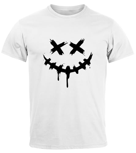 Neverless® Herren T-Shirt Bedruckt Techwear Fashion Streetstyle Smiling Face Smile Trend Print Aufdruck Weiss L