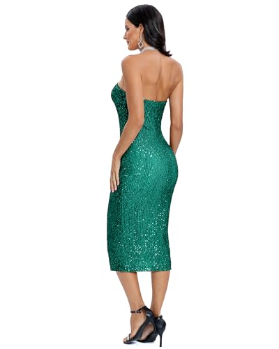 Capuffy Women Strapless Sequin Fantasy Midi Dress Sleeveless Tube Bodycon Club Dress Sparkly Glitter Cocktail Party Dress 773