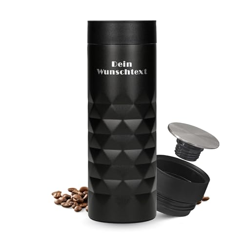 Personalisierter Thermobecher 450 ml - doppelwandiger Edelstahl Kaffeebecher to go - auslaufsicherer 360 Grad Deckel - Geschenkidee zu Weihnachten - Travel Mug hält Getränke lange warm