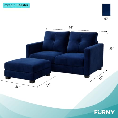 Image of FURNY Heritage 2 Seater Fabric Sofa Set with 1 Ottoman (Dark Blue) with Velvet Finish | Durable Comfort | Ideal for Living Room