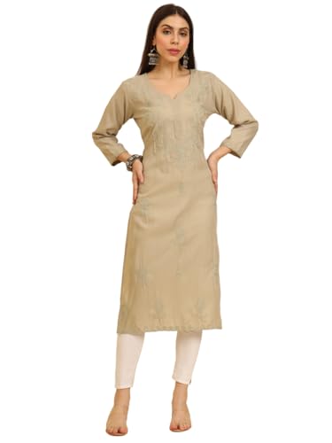 Image of Women's Chikankari-Lucknowi Embroidered Work | 3 /4 Sleeve | Knee Length | Round Neck | Cotton Fabric | Straight Kurta
