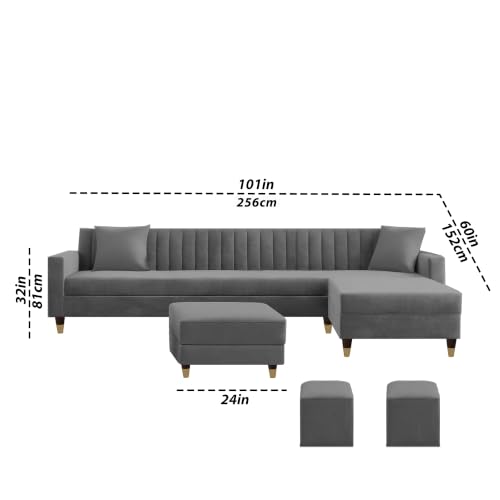 Image of Casaliving Garcia RHS 8 Seater L Shape Sofa Set with Ottoman & 2 Puffy for Living Room (Dark Grey) Premium Fabric Sofa Set