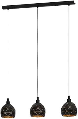 Eglo Lámpara colgante ROCCAFORTE, lámpara de suspensión con 3 bombillas, lámpara colgada de acero, color negro, dorado, casquillo E14