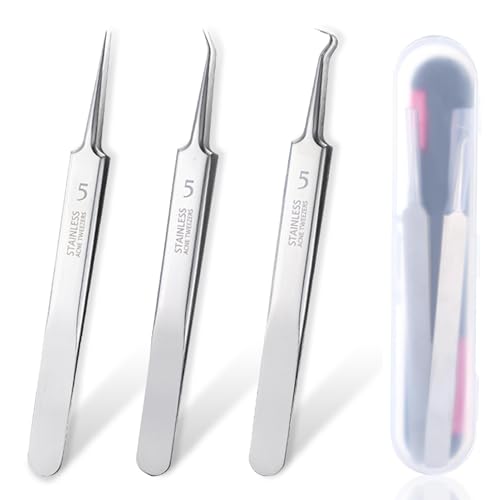 Mitesser Pinzette 3 Stück Edelstahl Professional Facial Blackhead Remover Tweezers Splitterpinzette Pinzette Spitz mit Box Pickel Ausdrücken Werkzeug - Silber