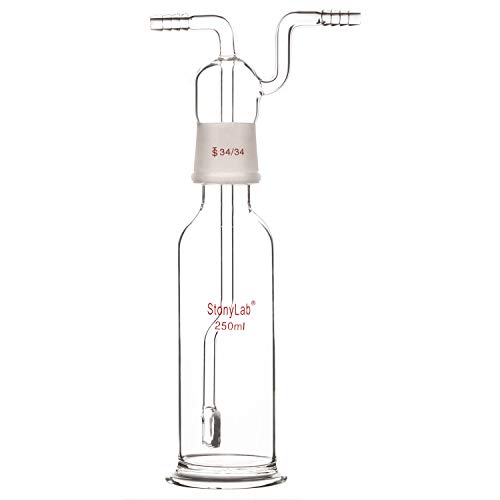 Stonylab Gas Washing Bottle - Borosilicate Glass 34/34 Stopper Gas Bubbler with Fritted Disc and 8 mm OD Inlet/Outlet Hoses, 250 ml