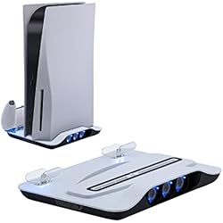 Ventilador Media Mcbazel Soporte Vertical Consola PS5 con Base de Carga de Refrigeración, Soporte de Refrigeración Multifuncional con Luz LED Azul con Base Dual de Carga Rápida para la Consola Playstation 5 - Blanco