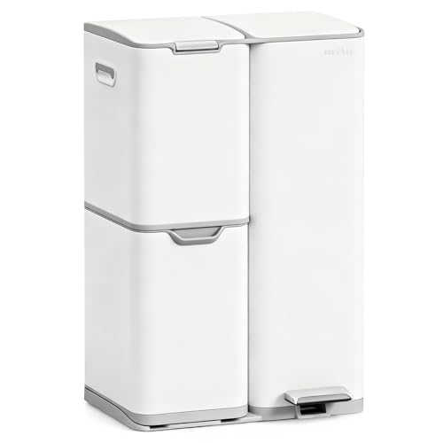 mVm Kitchen Bin 60L Triple Rubbish Bin 3 Compartment Stainless Steel Pedal Bin Recycling Bin with Soft-Close Lids and Plastic Inner Buckets Fingerprint Proof Odour Seal Large Capacity Trash Can