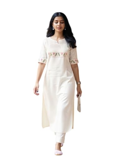 Image of eightone Women's White Cotton Straight Kurti with Floral Embroidery, Pin-Tuck Yoke, Casual Ethnic Wear