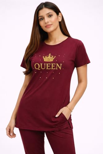Image of KIAWAH Women's Cotton Night Suit, Long Top and Pajama Set, Round Neck, Short Sleeve,