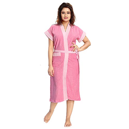 Image of Two Tone Cotton Half Sleeves Bathrobe for Women - Free Size fit Upto 42 inches-Light Pink Baby Pink