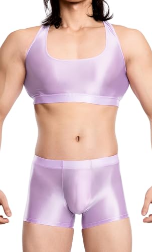 SEAUR Men's Sexy Glossy Lingerie Set Sheer Outfit Shiny Racerback Crop Top & Low Rise Pouch Boxer Underwar