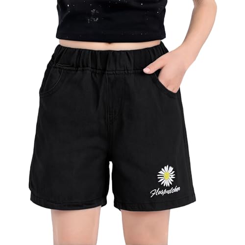 Pantalones cortos de mezclilla para niñas, bonitos estampados, cintura elástica, pierna recta, color sólido, casual, verano, playa, pantalones cortos para niños de 3 a 14 años, Negro, 9-10 años