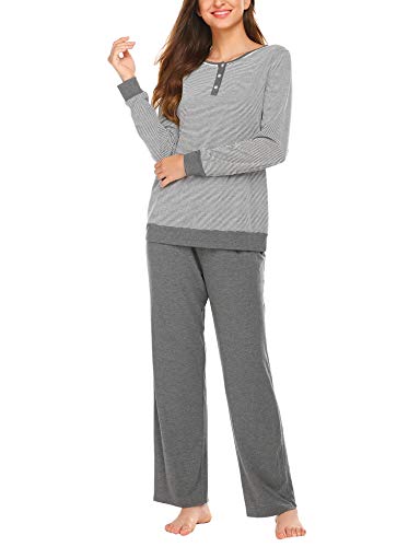 Ekouaer Womens Cotton Pajama Set Striped Long Sleeve Sleepwear Henley Top with Pants Ladies' 2 Piece Lounge Set