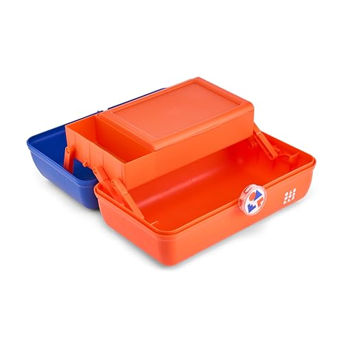 Image of Caboodles School Spirit On-The-Go Girl Makeup Box, Blue Over Orange, Hard Plastic Makeup Organizer Box, Built-In Mirror, Secure Latch for Safe Travel, Spacious Storage for Large Items