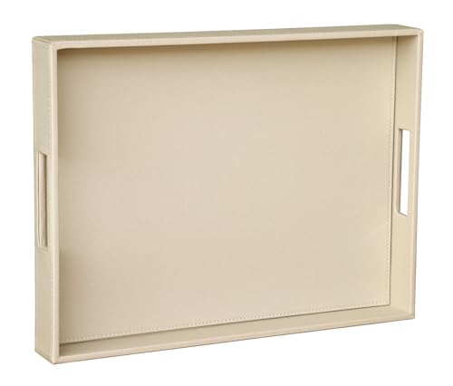 HofferRuffer Rectangle Serving Tray with Hole Handles for Coffee Table, Breakfast, Tea, Food, Butler - Countertop, Kitchen, Vanity Serve Tray, 16.2 x 12.2 x 2 inches, Faux Leather (Dark CreamWhite)