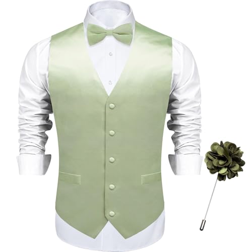 DiBanGu Mens Satin Vest and Bowtie Lapel Pin Set for Suit or Tuxedo,Solid Dress Waistcoat & Pre-tied Bowtie for Wedding Party, Sage Green, Medium