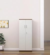 Slim Wooden Storage Cabinet for Home & Office | Engineered Wood Almirah with Dual Door & Lock | Space-Saving Utility Organizer with Shelves – White & Walnut Finish