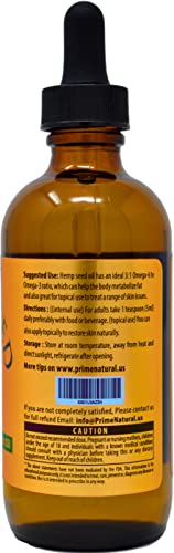 Prime Natural Organic Hemp Seed Oil 4Oz - Usda Certified - Sativa Oil - Pure, Cold Pressed, Virgin, Unrefined, Vegan, Food Grade - High Omega 3 6 9 Fatty Acids - Good For Face, Body, Skin & Hair Care #TOP2